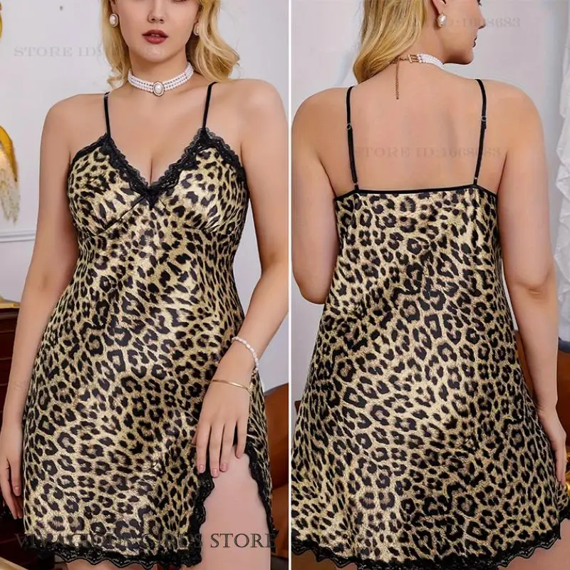 

Leopard Suspender Nightgown Female Chemise Sleepwear Loungewear Sexy Mini Lace Split Nightdress Lingerie Oversize Satin Homewear