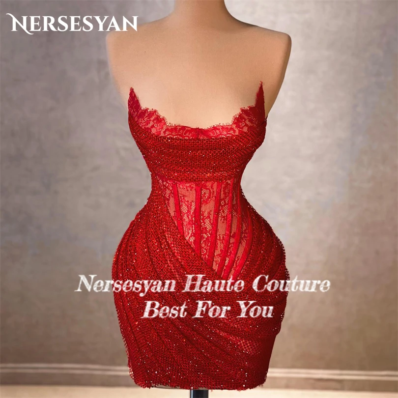 Nersesyan Mini Tulle Sleevesless Formal Evening Gowns Sexy Lace Appliques Prom Dresses Glitter Cocktail Graduation Dress 2023