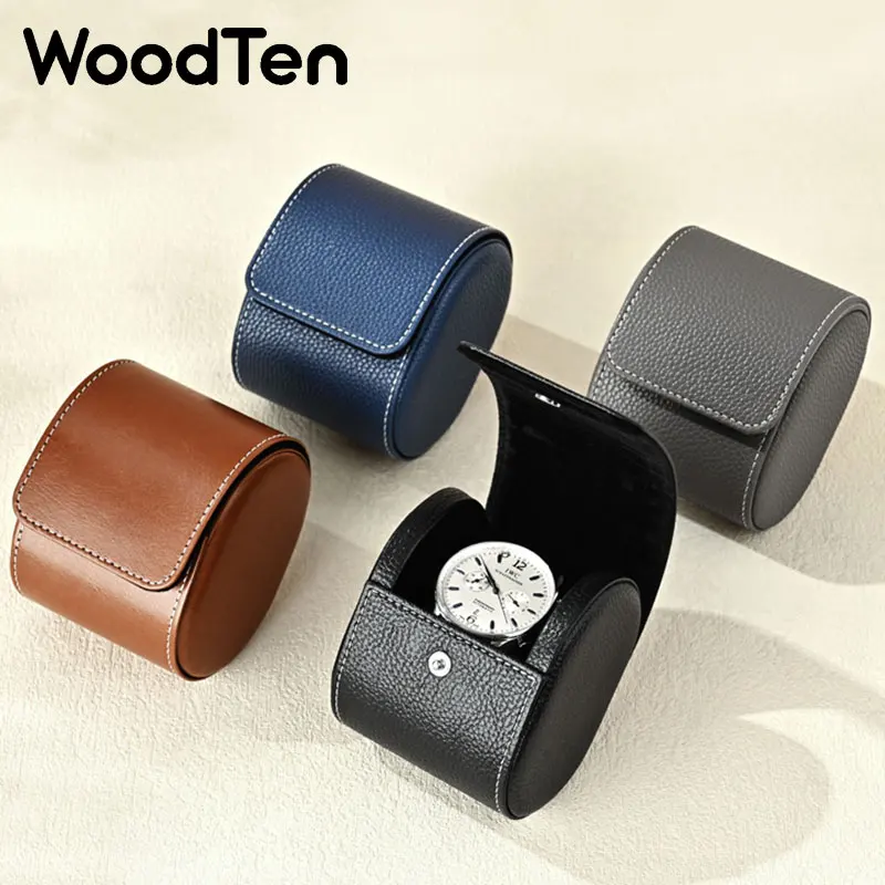 WoodTen Leather Watch Bag Storage Travel Single Watch Case Luxury Wrist Watch Storage Bag Jewelry Organizer Men Watch Box Gift