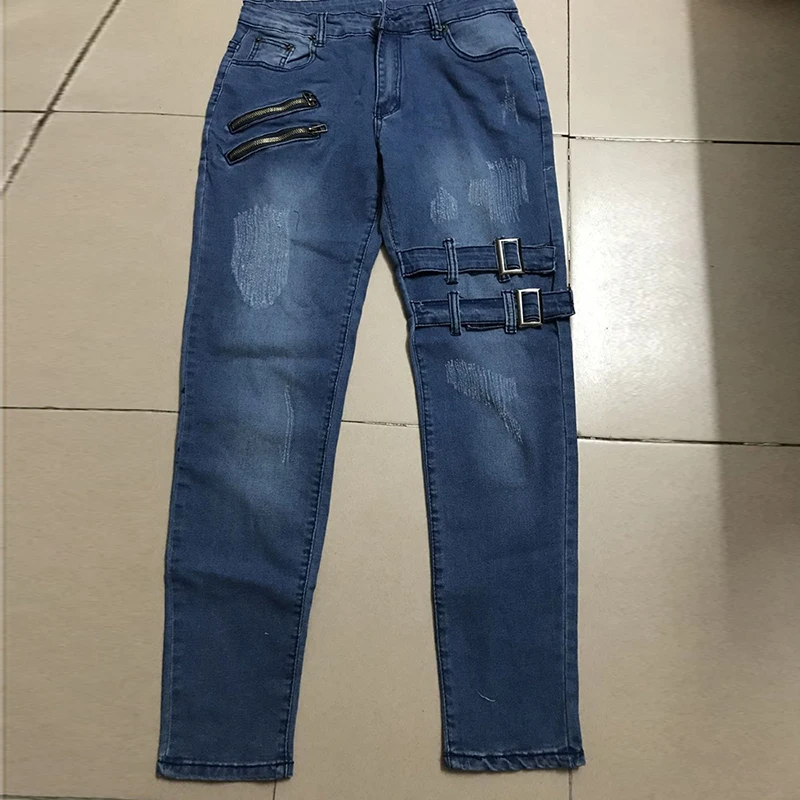 Pantalones vaqueros largos de motorista para hombre, ropa de calle Harajuku, ajustada, informal, rasgada, negra, para estudiantes