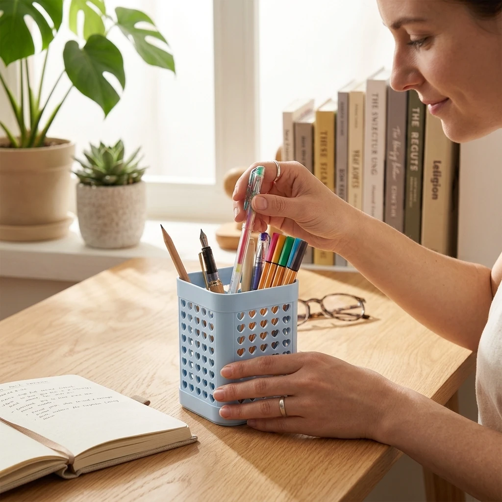 Square Multi-Function Pen Holder with Modular Compartments Sturdy Square Base Perfect Organizer for Office Desk and Student Use