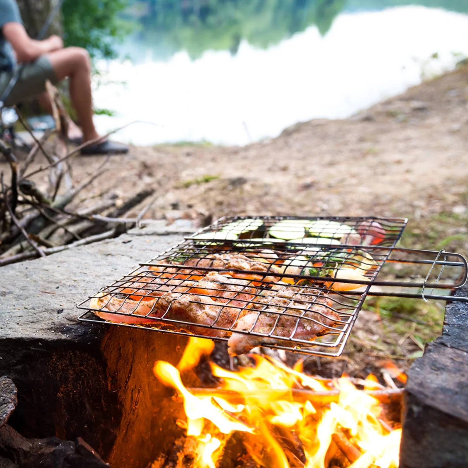 2pcs Stainless Steel Barbecue Net Foldable Square Grill Grid For Outdoor Bbq Picnic Easy Clean Heat Resistant Bbq Supplies