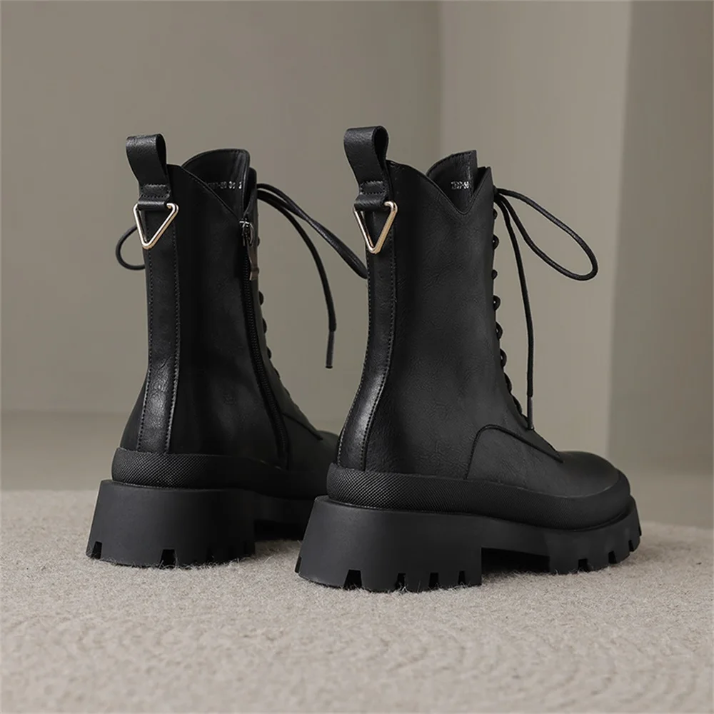 Taoffen Genuine Leather 2023 Fashion Women Low Heel Chunky Motorcycle Boots Causal Thick Bottom  Lace Up Boots With Zipper