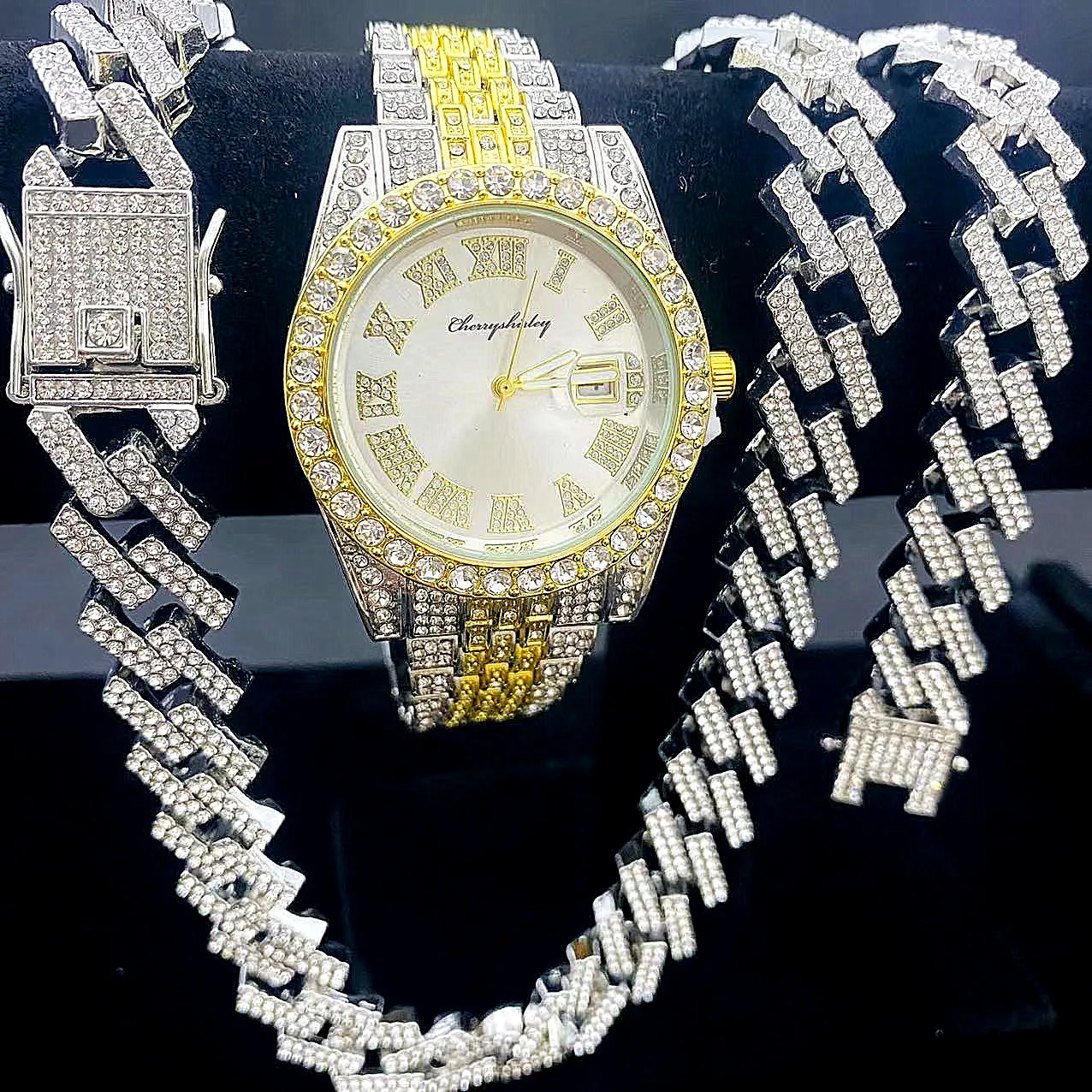 

3pcs Hip Hop Necklaces Watches Bracelet Bling Iced Out Miami Zircon Cuban Prong Pave Rhinestone Men Jewelry for Women Clocks
