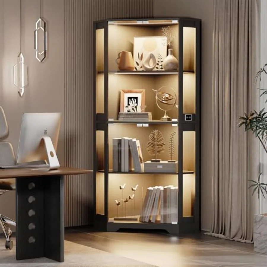 Lighted Corner Display Cabinet with Glass Doors for Collectibles view 4