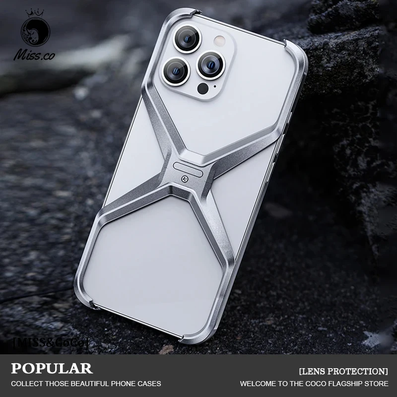 

Luxury Aluminum Alloy Rimless Phone Case For iPhone 15 14 Pro Max Metal X Type Removable Heat Dissipation Armor Shockproof Cover