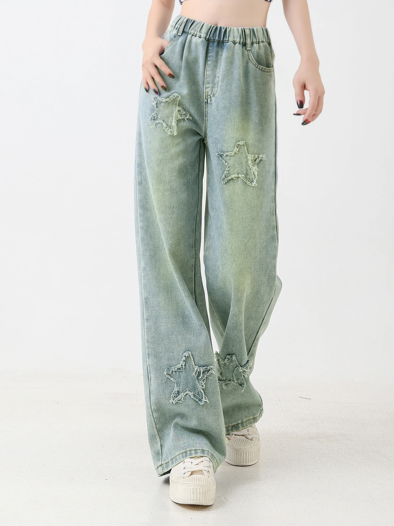 

Washed Vintage Star Embroidery Wide Leg Jeans Loose Long Casual Straight Pants for Middle to Big Girls