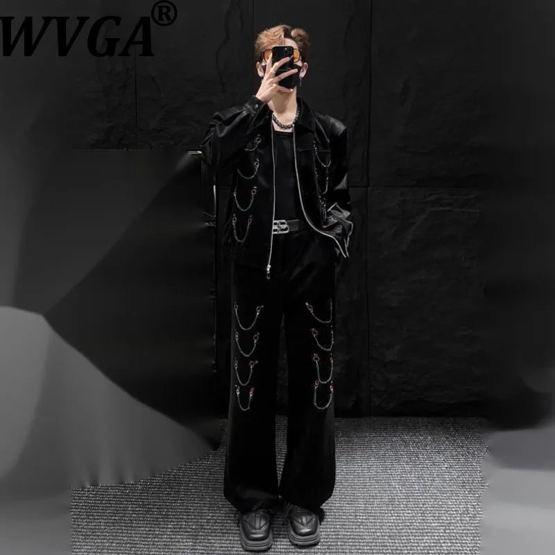 WVGA Spring Autumn New Man Tide Metal Chain Trendy Short Jacket Niche Chic Casual Heavy-Duty Leather Pants Two Pieces Set W20293