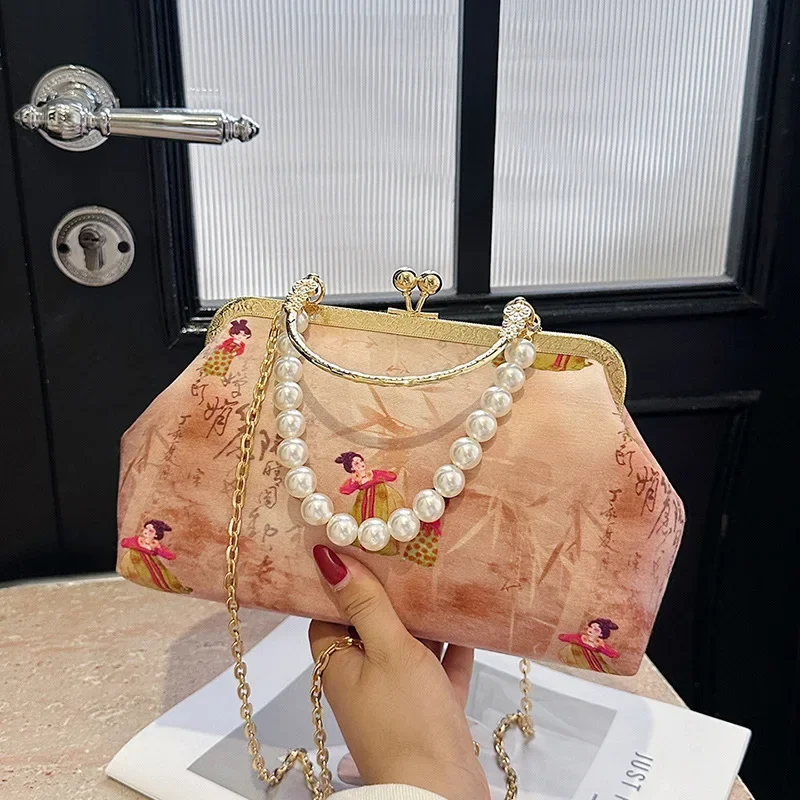 Chinese Style Hanfu Seashell Evening Bags For Women New Retro Fashion Clutches Wedding Party Chain Shoulder Bags Pearl Handbags