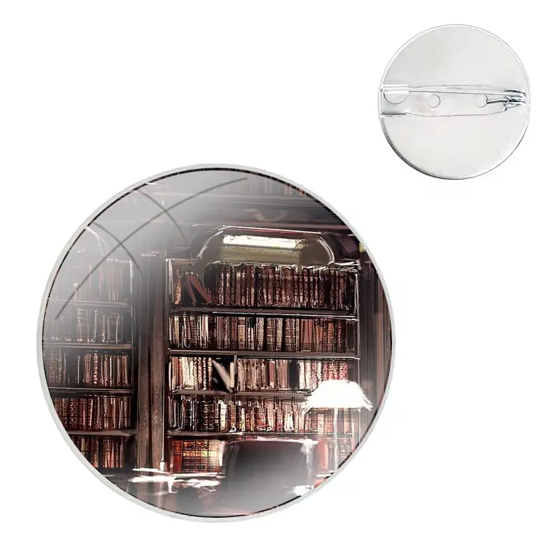 Glass Dome Brooches Shirt Lapel Bag Cute Badge Pins For Clothes Hat Accessories Colorful Book Library book shelf