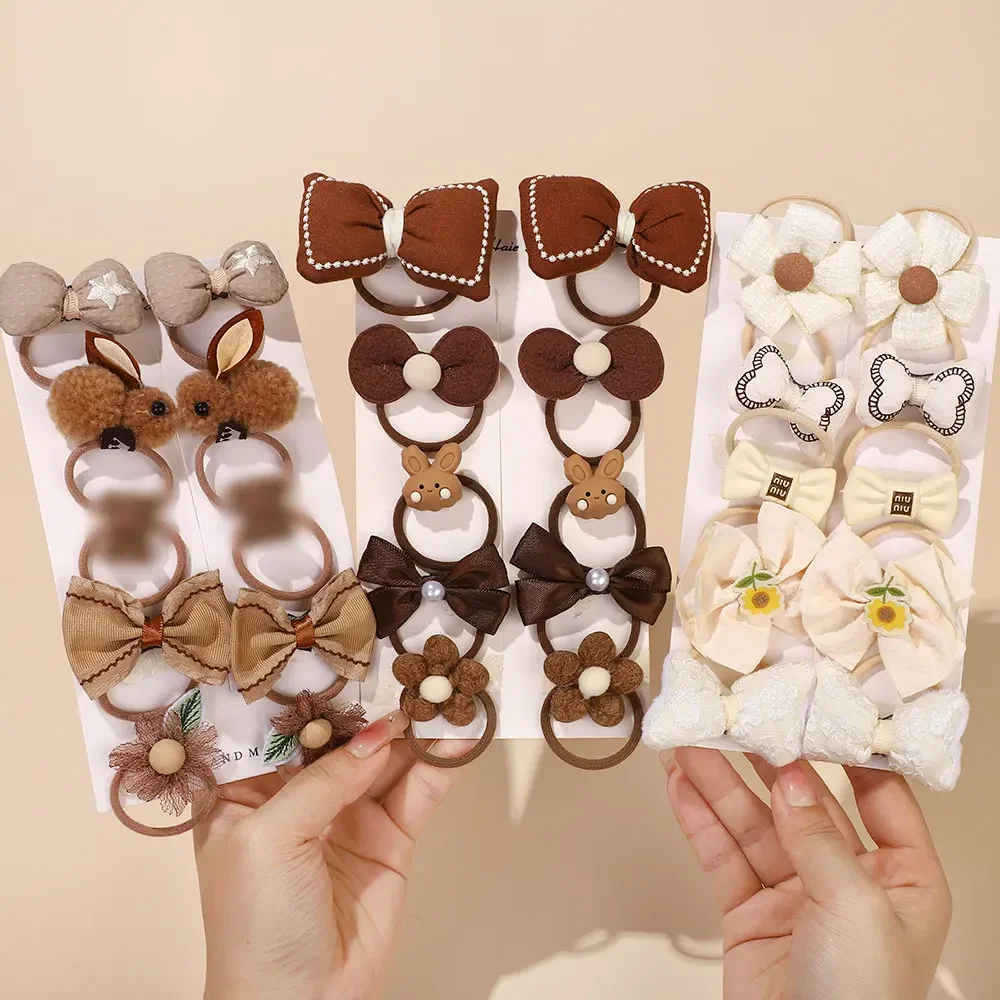 10Pcs Girls Cute Hair Bands Bow Hair Ties Colorful Flower Ponytail Holder Children Scrunchies Rubber Band Kids Hair Accessories