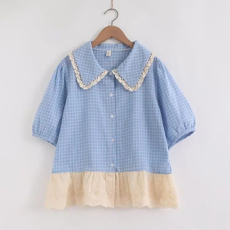 Japonês doce mori menina vintage xadrez rendas retalhos camisas femininas verão bonito peter pan colarinho manga curta blusa casual topos