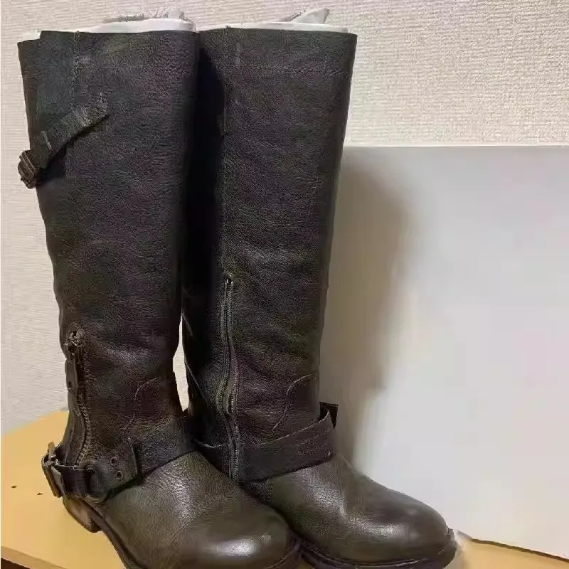 Distressed Handmade Dark Green Wide Tube Genuine Leather Thick Bottom High Tube  Boots Chunky Heel Long Boots Knight Boots