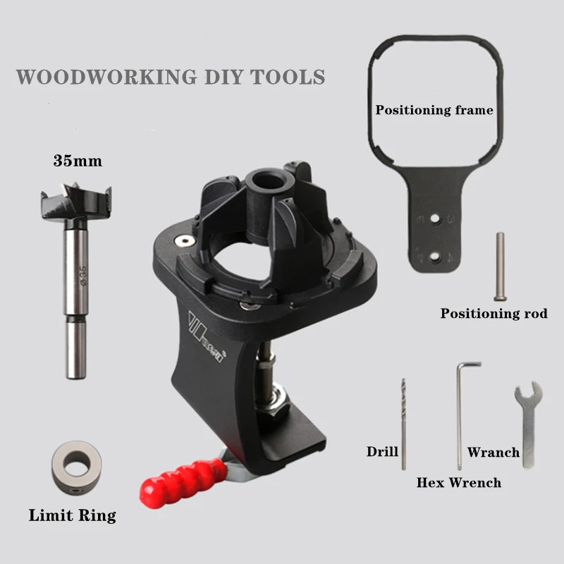 Concealed Hinge Jig 35mm Cabinet Hinge Boring Jig Kit Aluminum Alloy Drill Guide Locator W/ Self-Fixture Clip and Drills