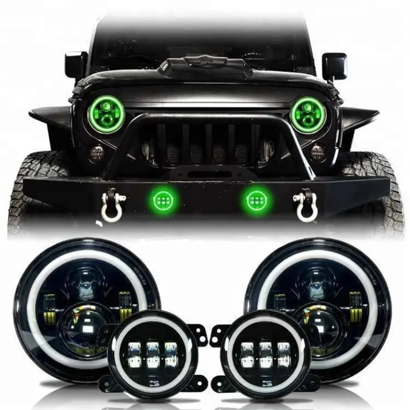 

7 in Headlight +4 in Fog Light Angel Eye Round Projector Headlights Halo Lights RGB Dancing DRL Turn Signal For Jeep