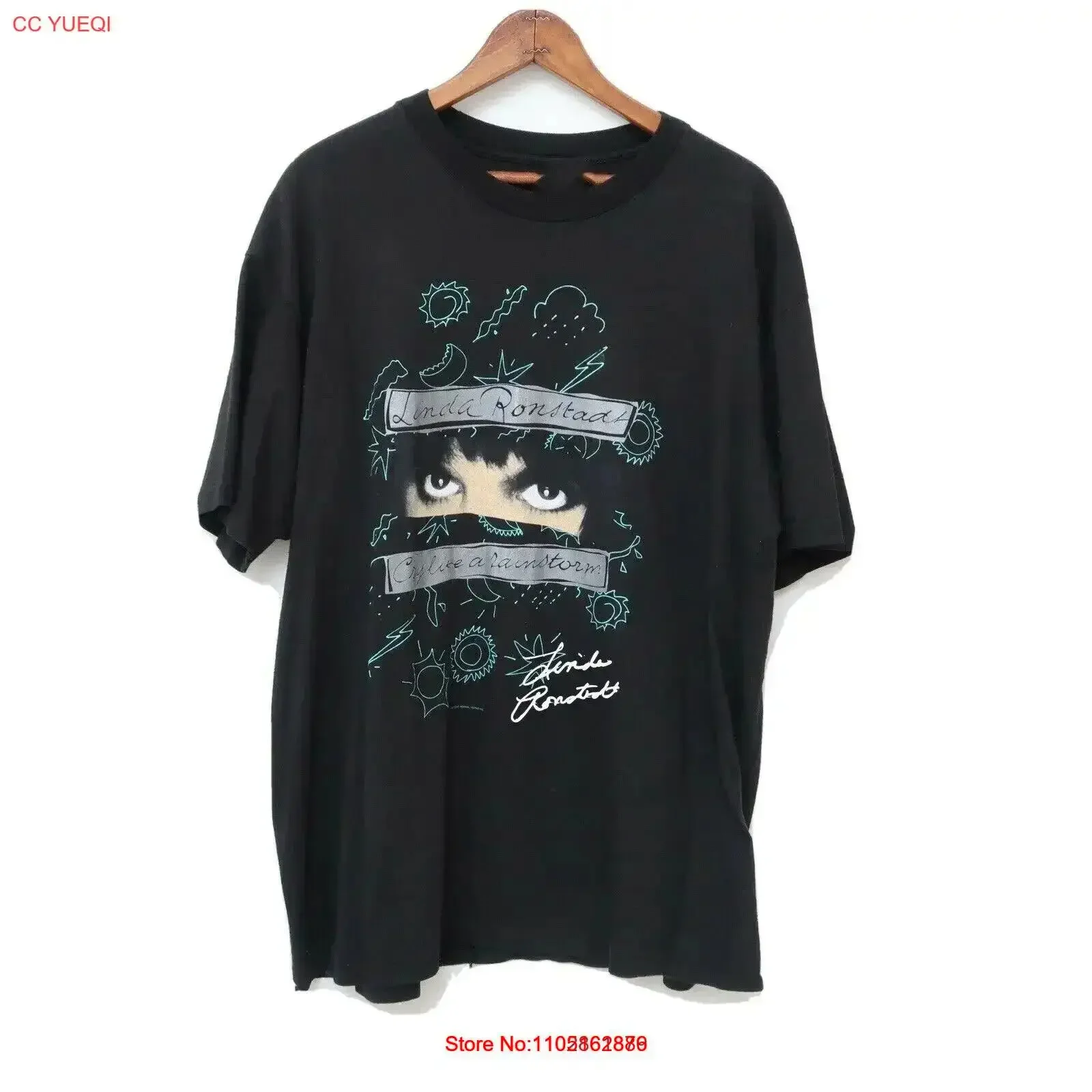 تي شيرت 1990 Tour CRY LIKE A RAINSTORM Linda RonstadT أسود S 234XL عتيق مغسول ناعم ممتد للارتداء اليومي غير الرسمي