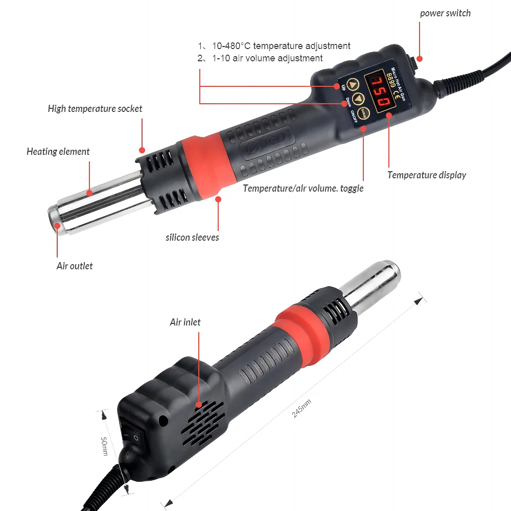 JCD 750 واط محطة لحام 2 في 1 محطة اعادة تشغيل الهواء الساخن مع LCD شاشة ديجيتال سبيكة لحام 220 فولت 110 فولت لحام أدوات إصلاح