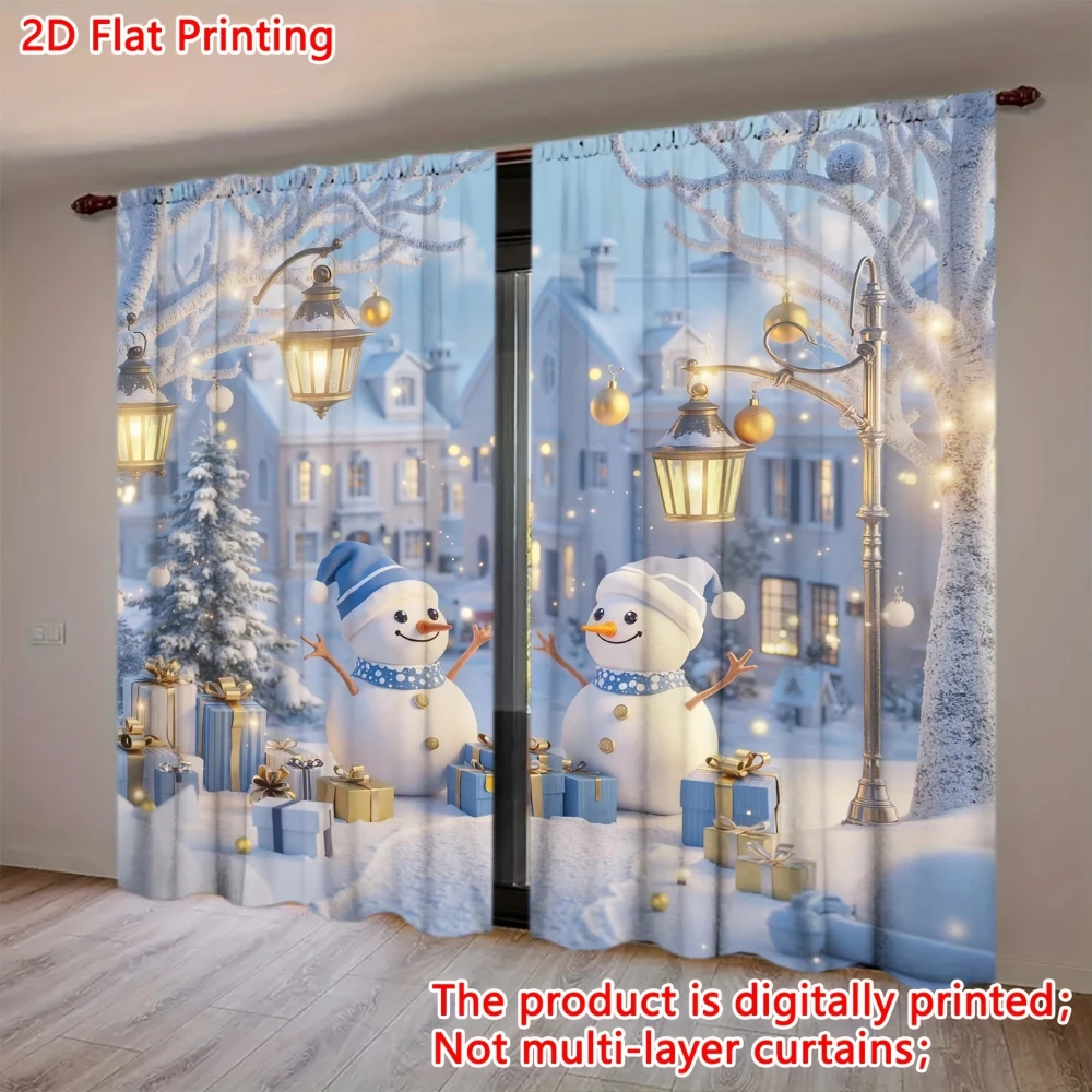 2PCS Christmas Curtains, Blue Snowman Street Lamp Snowflake Star Reindeer Tree Sleigh Bird Pattern Printed Curtains, Icy