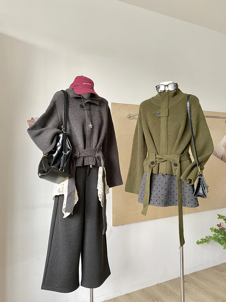

Fashionable High Neck Knitwear Women's Slim Fit Stylish Korean Retro Atmosphere Sense Neckline Polyester Fiber Commute Style