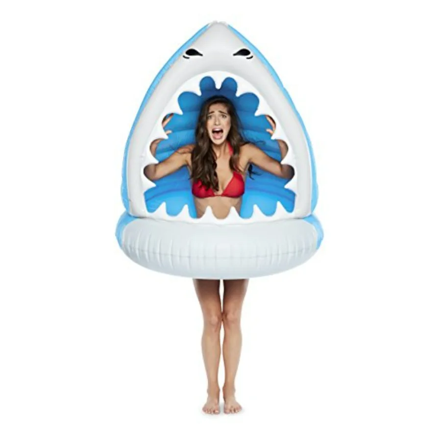 Pool party inflatable float for adults, PVC material, blue-gray color, extra-large shark-shaped design with comfortable lounge