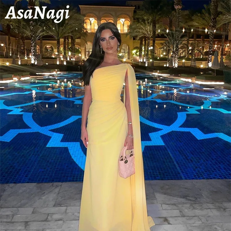 

AsaNagi One Shoulder Simple Yellow Prom Dress Women's Chiffon Mermaid Party Evening Gown Sleeveless Special Occasion Dresses