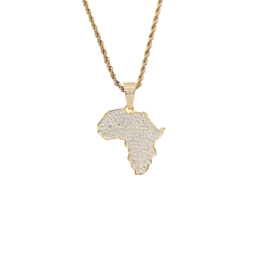 Hip Hop Goud Kleur Iced Out Afrikaanse Kaart Hanger Kettingen Vrouwen/mannen Trend Rock Ethiopische Sieraden