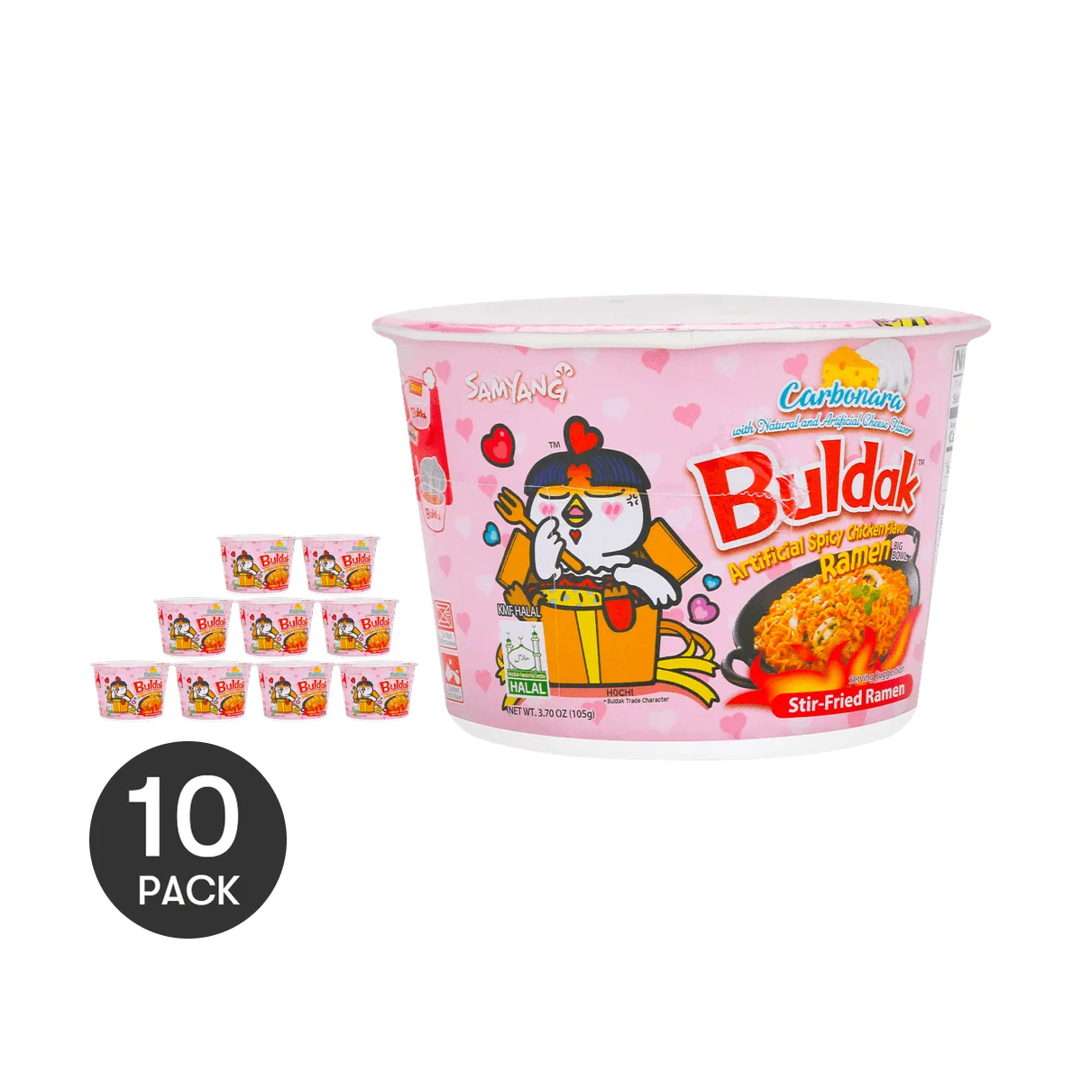 [10 paquetes] fideos coreanos Buldak, Carbonara, Ramen frito, pollo picante, sabor, tazón grande, 3,7 oz * 10 paquetes