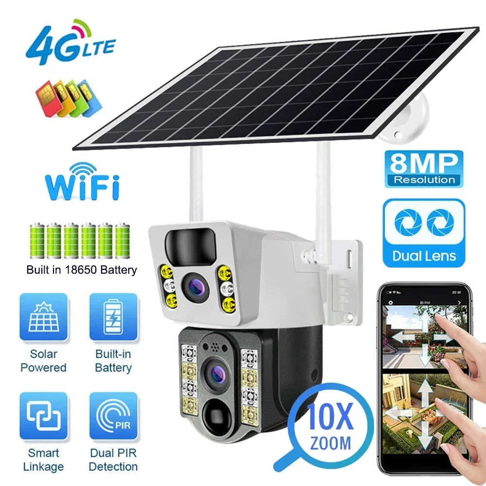 Solar Camera 4G SIM Outdoor 8MP Wireless Dual Lens Wifi Auto Tracking PIR V380 Security Protection GSM CCTV