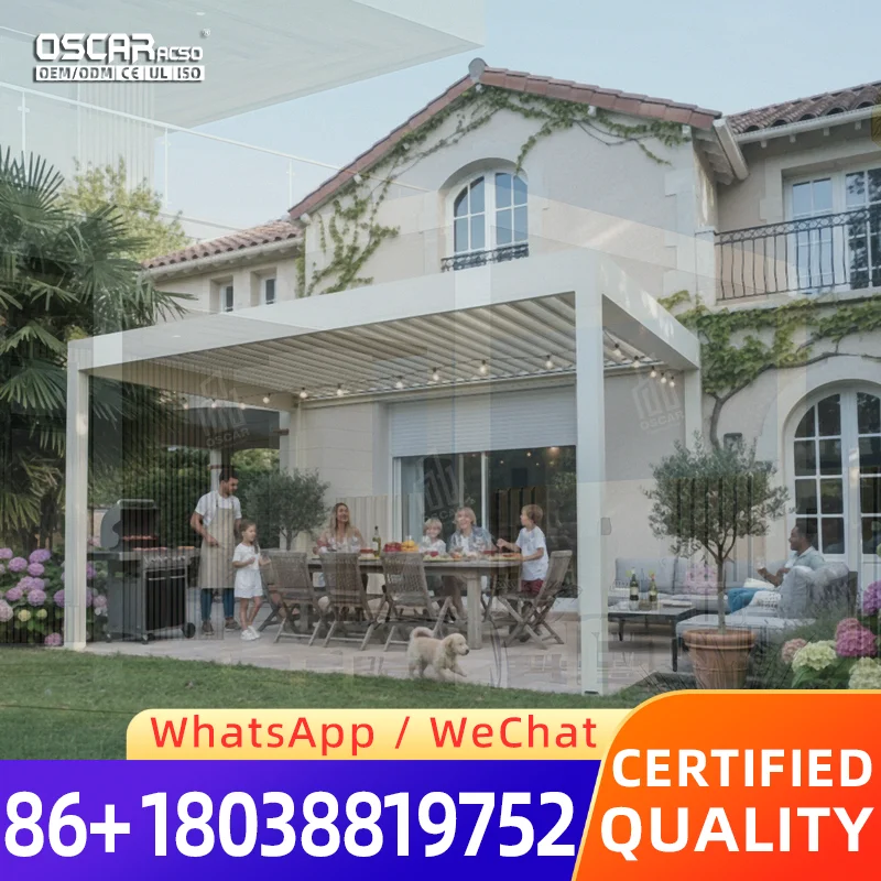 Motorized Rotating Blade Aluminum Pergola 3 Speed Adjust Intelligent Gazebo Patio LED Light Weatherproof Garden Deck Backyard Eu