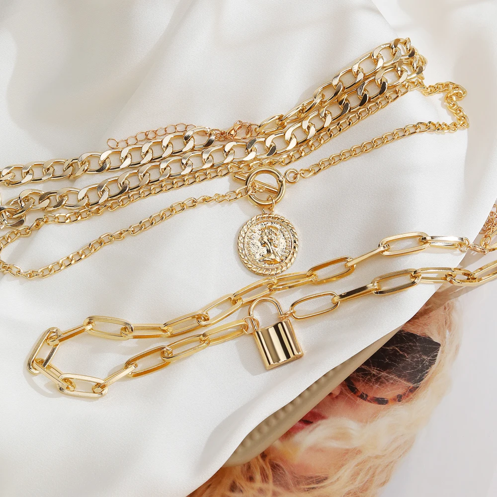 EN Charm Fashion Multilayer Gold Color Thick Chain Lock Pendant Necklace 2022 Jewelry Vintage Coin Choker Necklace for Women