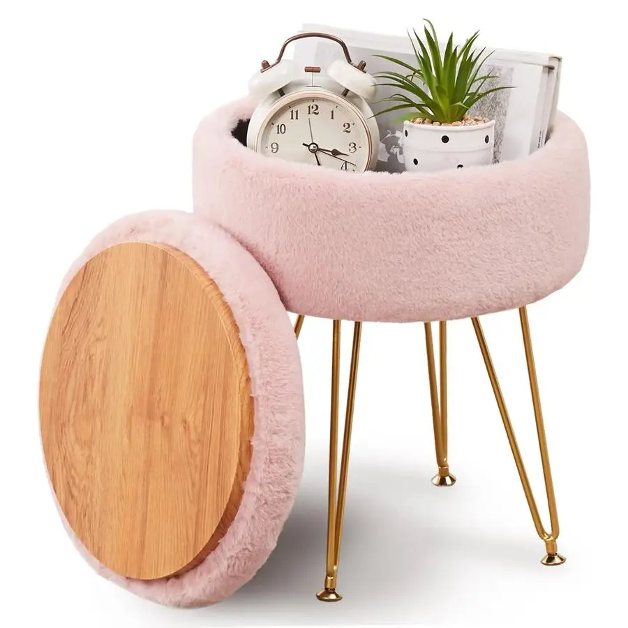 

Ottomans Round Faux Fur Ottoman with Storage Footstools Vanity Chair Coffee Table Ottoman for Living Room Pink