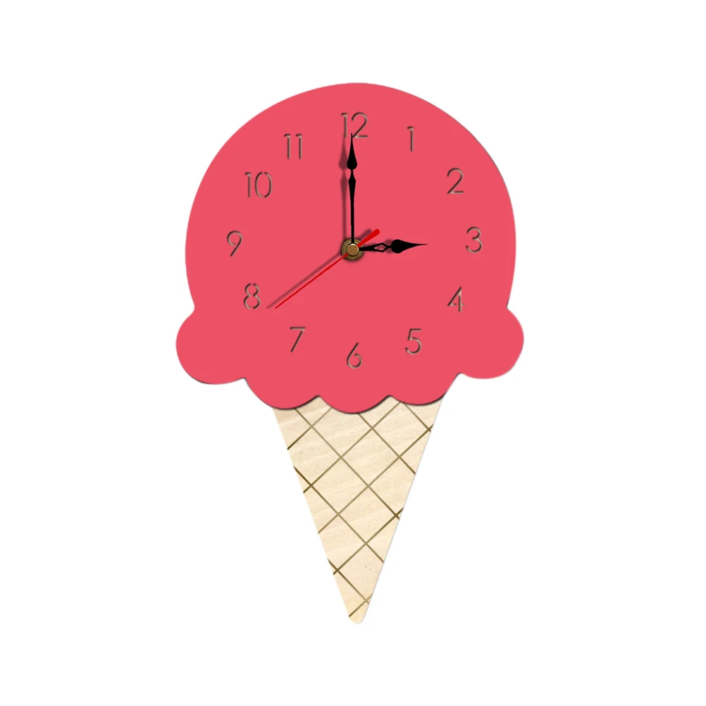 

Ice Cream Hanging Wall Clock Pink Acrylic Wooden Cartoon Decoration for Home Living Room Kindergarten Office Creative Simple
