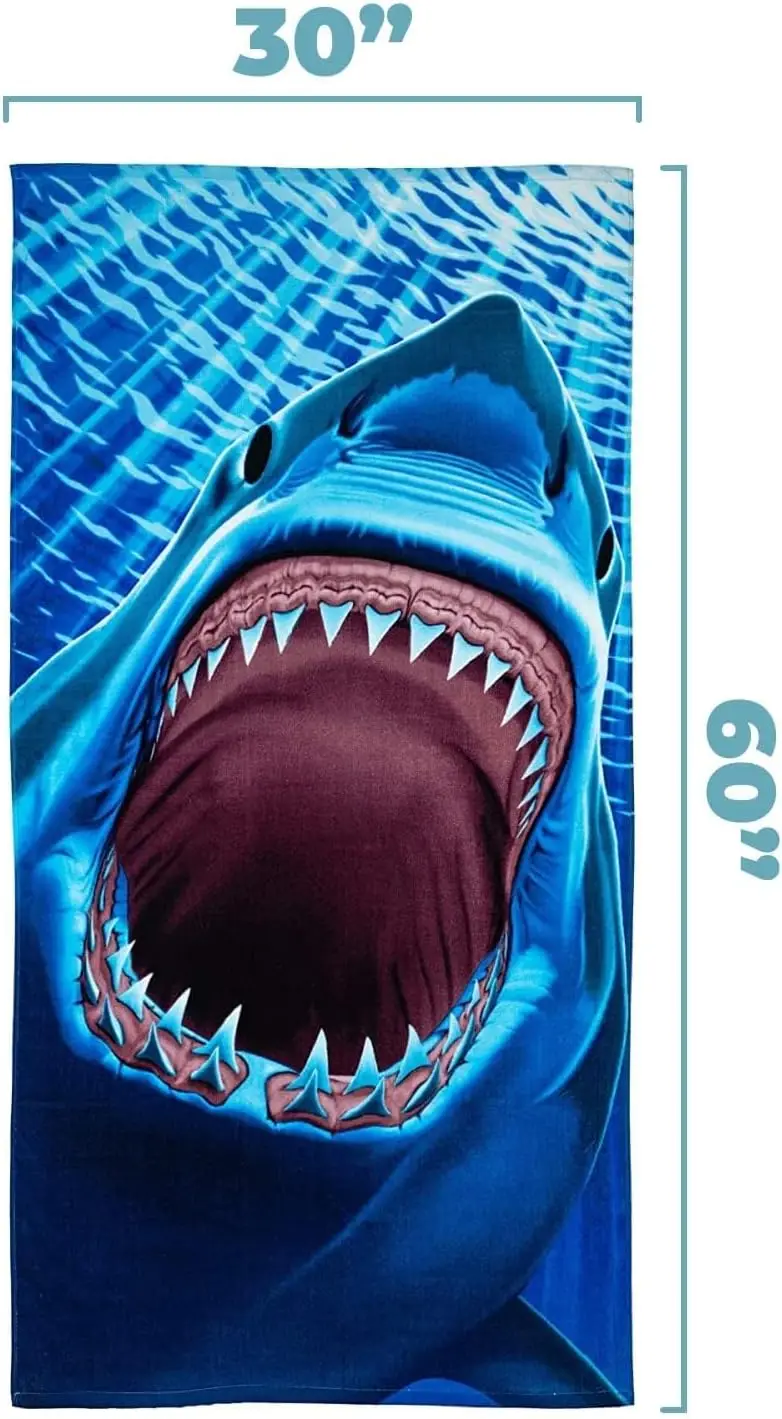 Great White Shark Beach Towel 31.5x63 Inch 3D Printed Open Mouth Design Quick Dry Soft Microfiber Bath Towel for Men Kids Summer