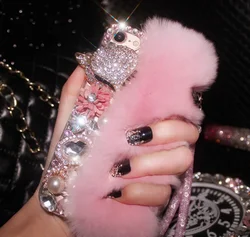 Luxury Soft fluffy Rabbit Fur Bling Diamond Fox Head Flower Pearl Phone Case For iPhone14 16 12 13 15Pro Max XR XS 16Plus Case