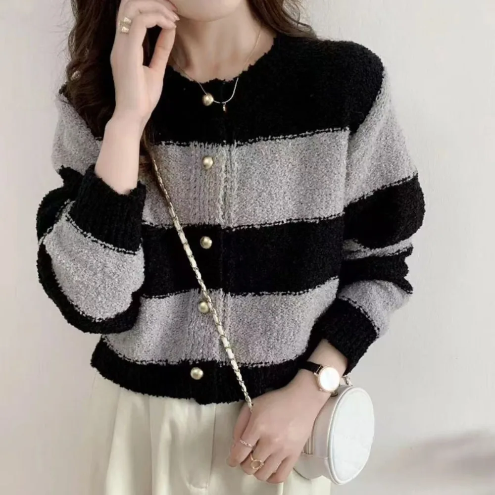 Милый вязаный топ в полоску Y2K, свободный вязаный крючком трикотаж с длинными рукавами, пальто, свитер, куртка, кардиганы, женский офис