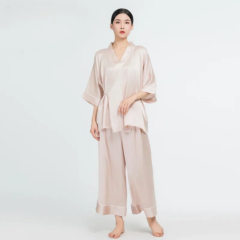 

2024 Spring 19MM 100% Mulberry Silk Pajama Set Women Satin Long Home Clothing Plus Size Loungewear Pure Silk Kimono Robe Set