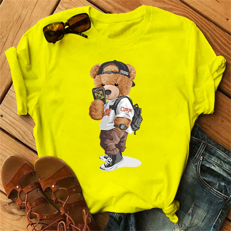 Women\'s Short Sleeve T-shirts Summer Printed Orange Funny Bear Harajuku Style 100%Cotton Tops y2k Streetwear Casual Tee Female