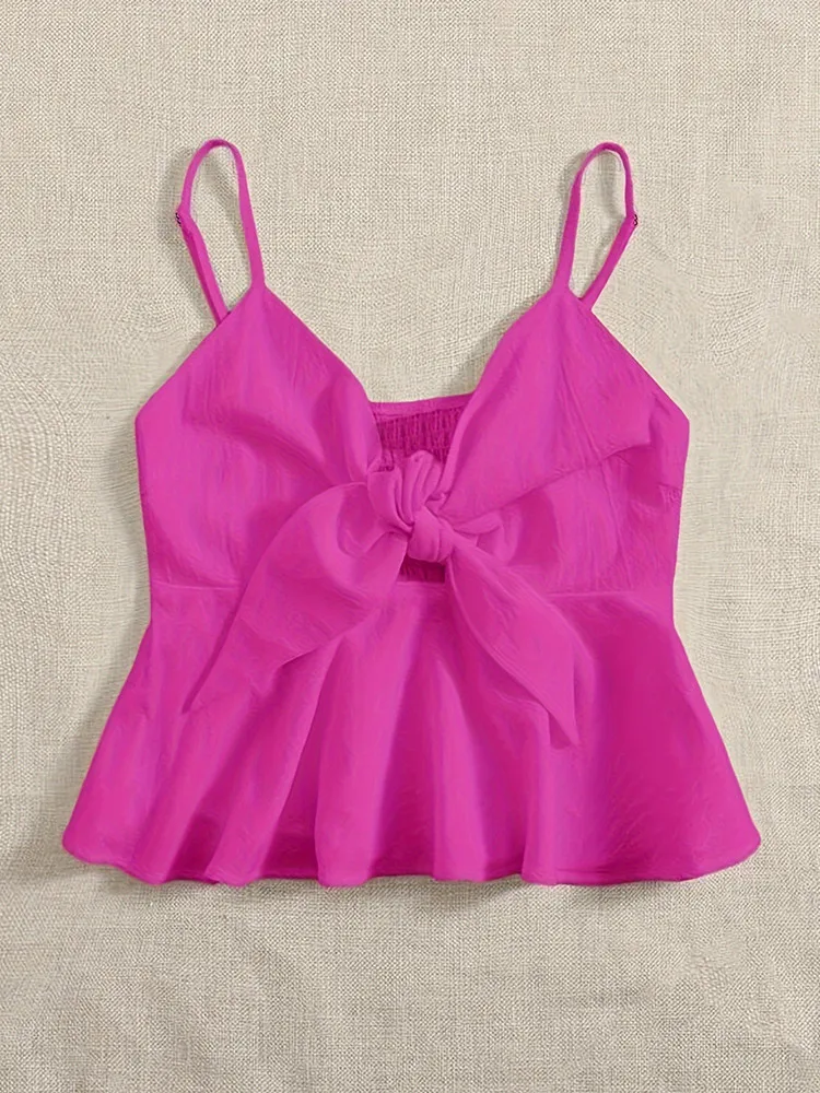 

TRAF Women Fashion With Ruffled Front Lace-up Cotton Crop Tops Sexy Backless Thin Straps Elastic Female Camis Mujer 2024