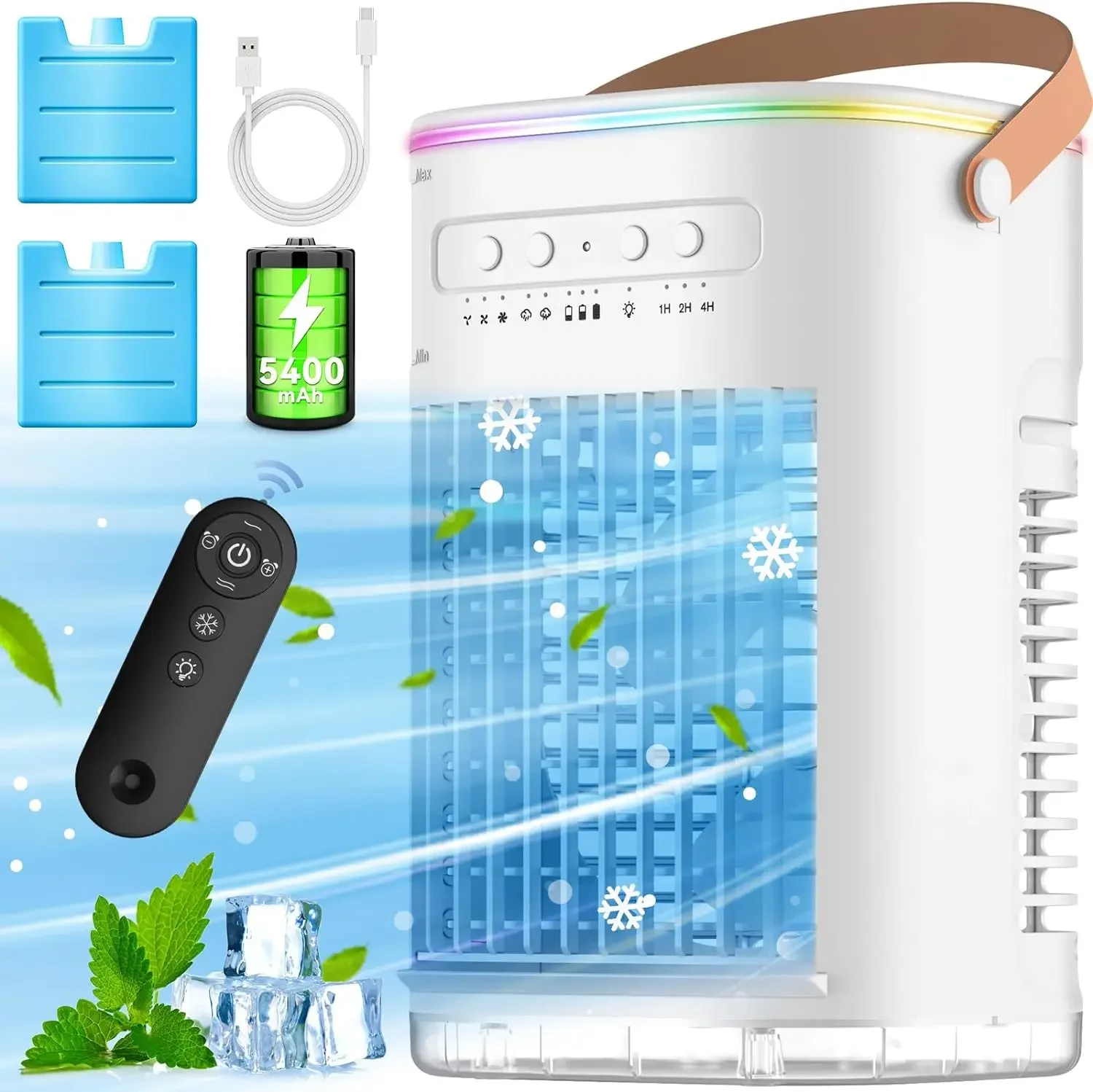 

Small Air Conditioner w/5400mAh Li- Battery, 4 IN 1 Evaporative Air Cooler, 2 Ice Packs, 7H Timer&Remote, 7- Lights, 1200ML