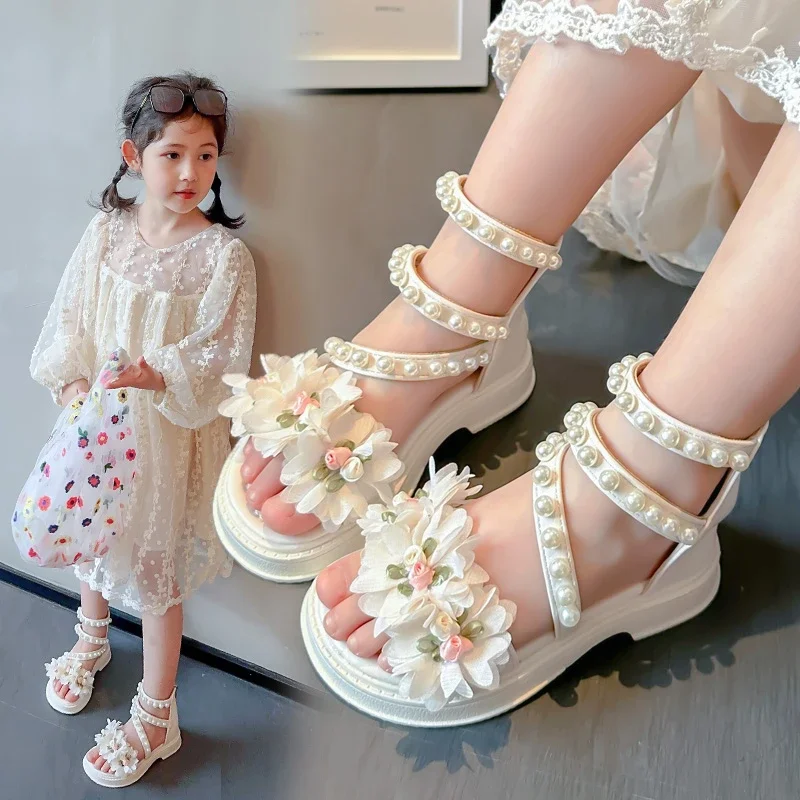 Girls Sandals Summer New Beige Flower Pearls Little Girl Princess Shoes Black Soft Bottom Non-slip Girls Kid Sandals Shoes