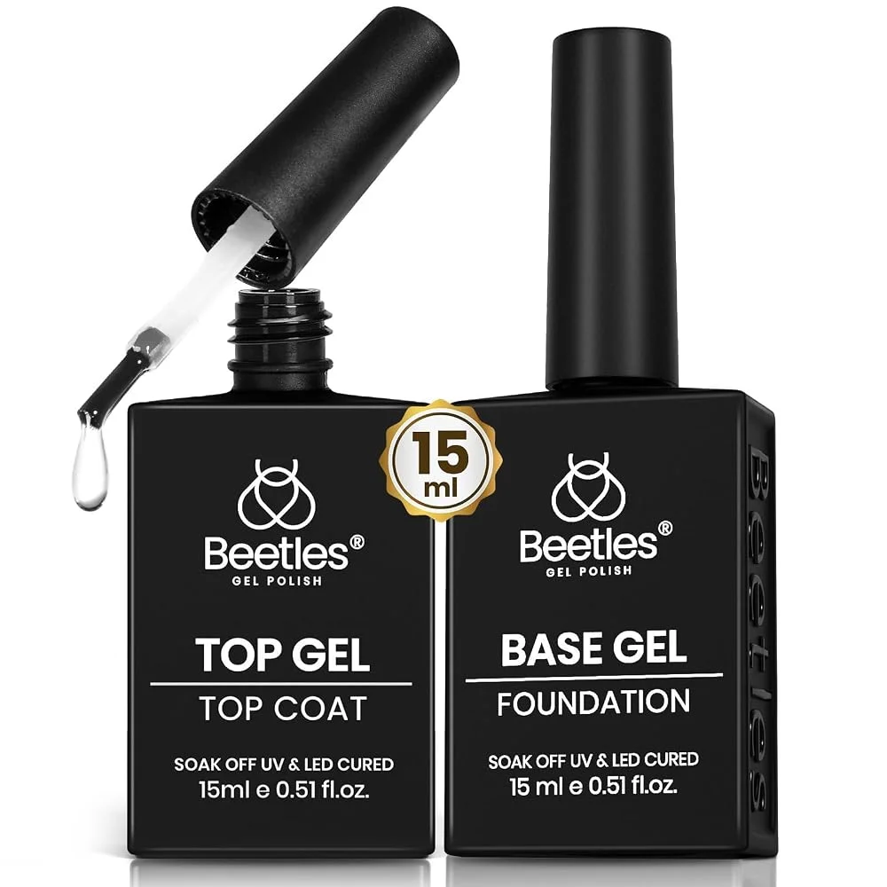 Beetles Gel Base Coat and No Wipe Top Coat Set 2Pcs 15ml High Gloss Soak Off Gel Polish UV LED Lamp Required Beginner-Friendly Used In Nail Gel Manicure False Nail Gel From Falling Off Art for DIY