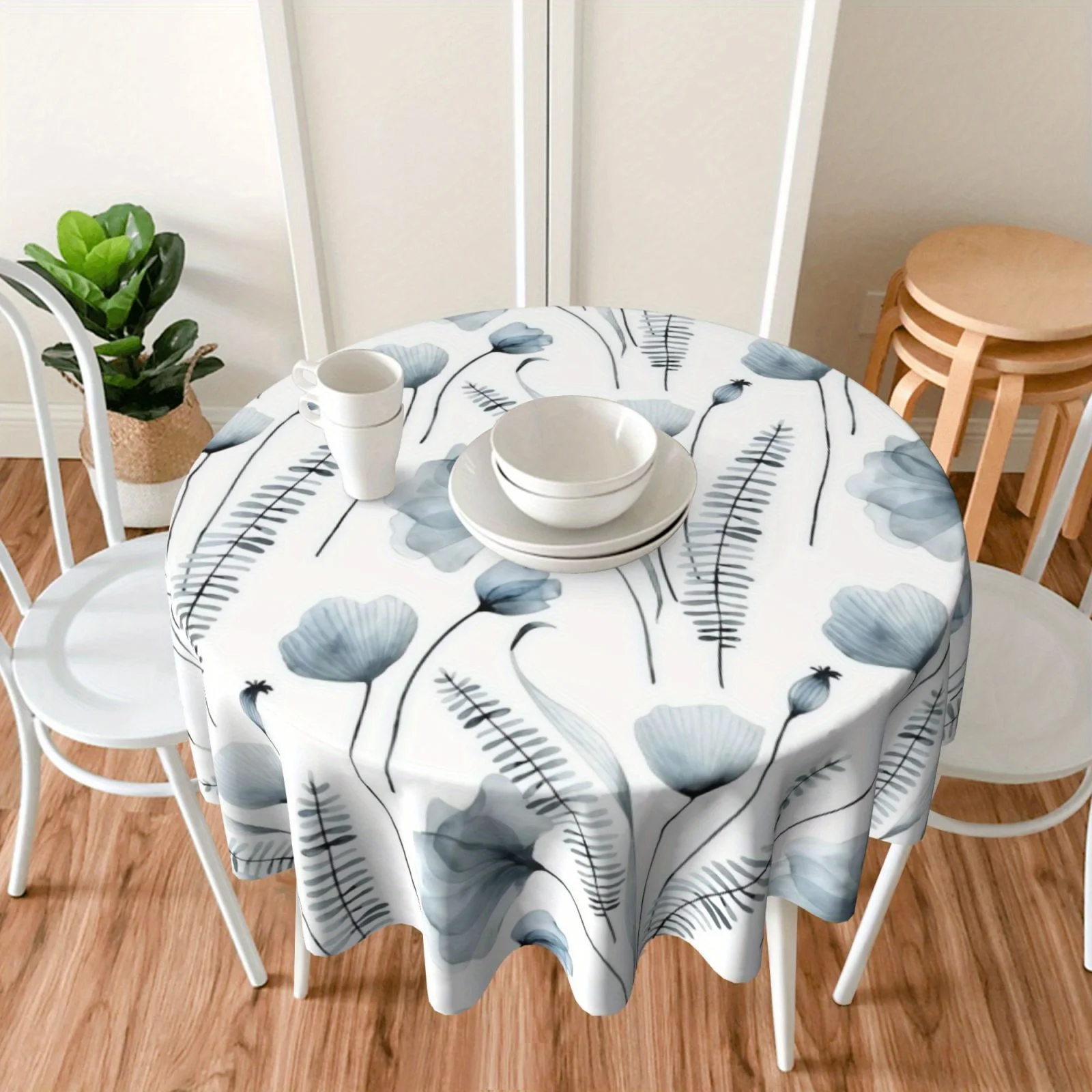 JIT, 1pc Light Blue Small Flower Patterned Round Tablecloth for Kitchen and Dining Room