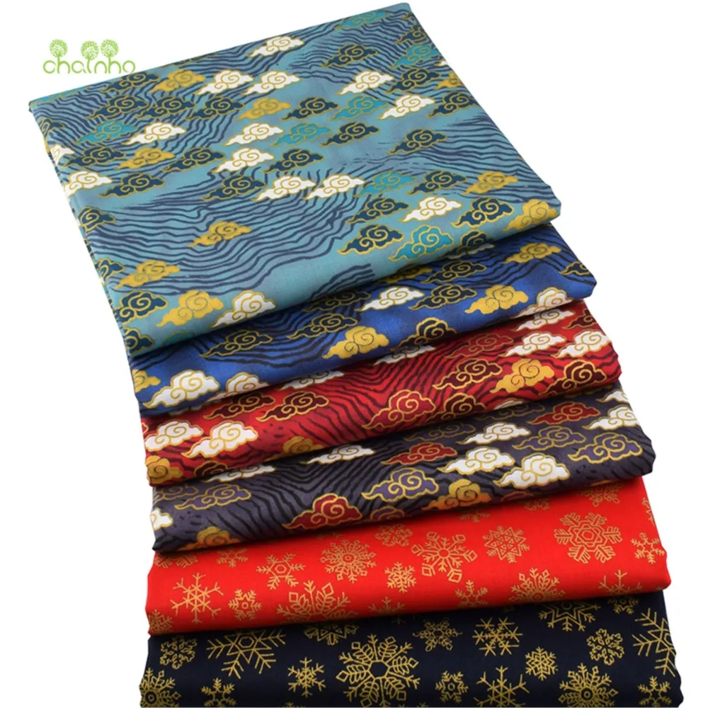 Chainho,Printed Twill Weave Cotton Fabric,DIY Quilting Sewing Material,Patchwork Cloth,6 Designs Bronzing Series,2 Sizes,J15C362
