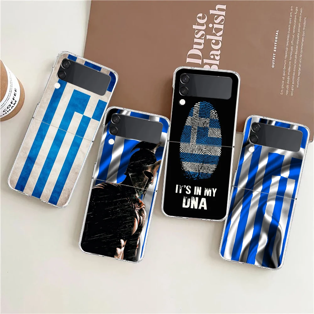 غطاء هاتف لهاتف سامسونج جالاكسي Z Flip 6 5 4 حافظة شفافة لهاتف سامسونج Z Flip 3 هارد PC قابلة للطي أكياس العلم اليوناني اليوناني