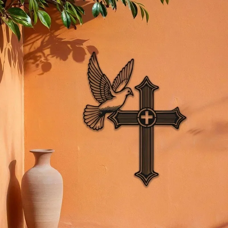 CIFBUY Iron Wall Art Dove On Cross Metal Decor Christian Bird Ornament For Indoor Outdoor Living Room Home Decor