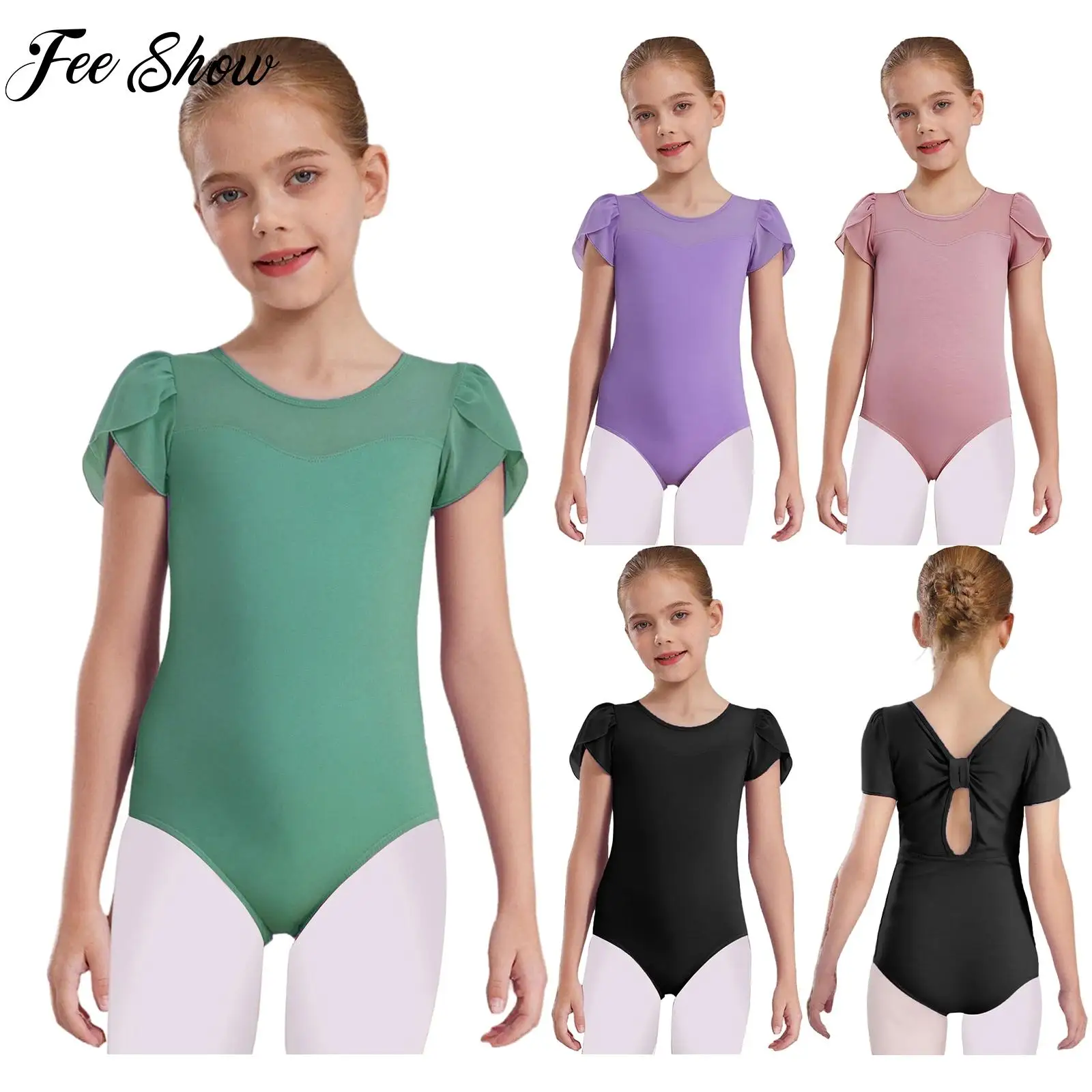 

Children Girls Ballet Dancer Leotards Gymnastics Costume Short Petal Sleeves Keyhole Knot Back Sheer Mesh Gymnastics Leotards