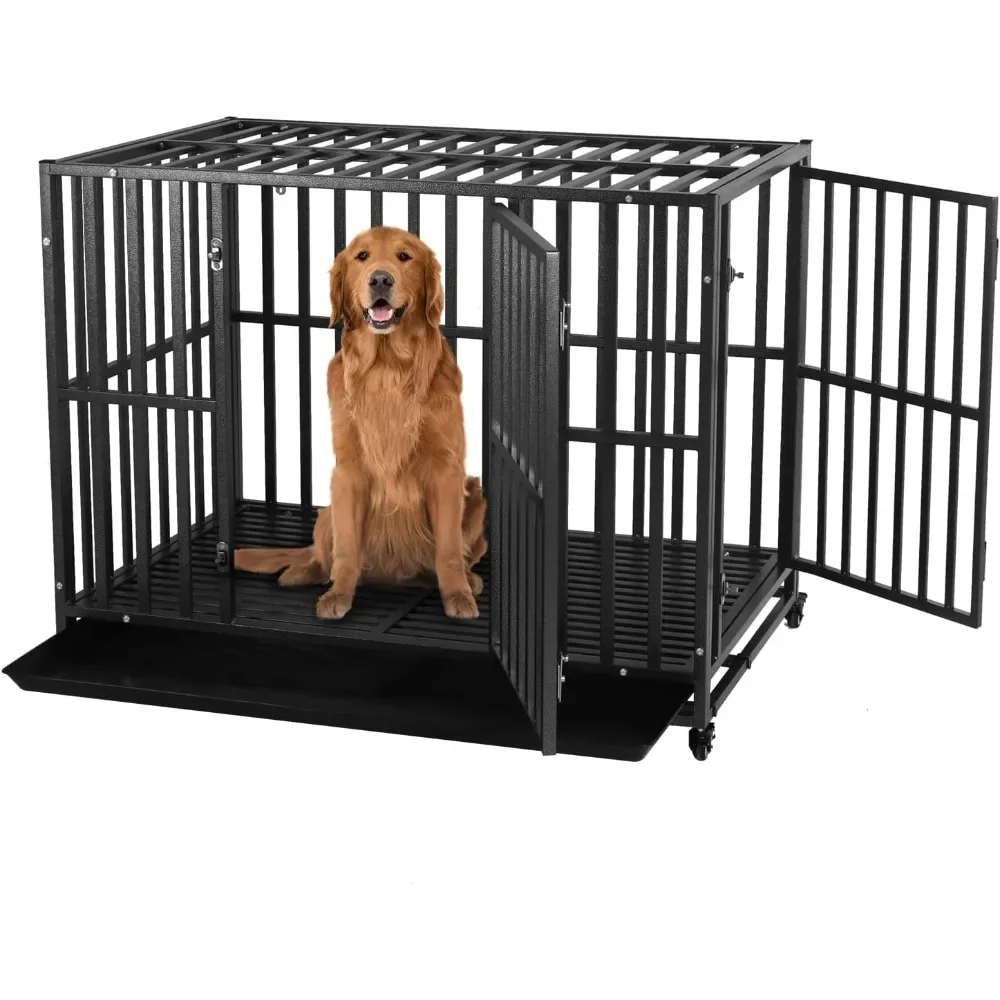 Dog Cage - 42 inch large metal dog kennel with 2 doors and 4 wheels, stackable medium to large dog kennel, removable tray