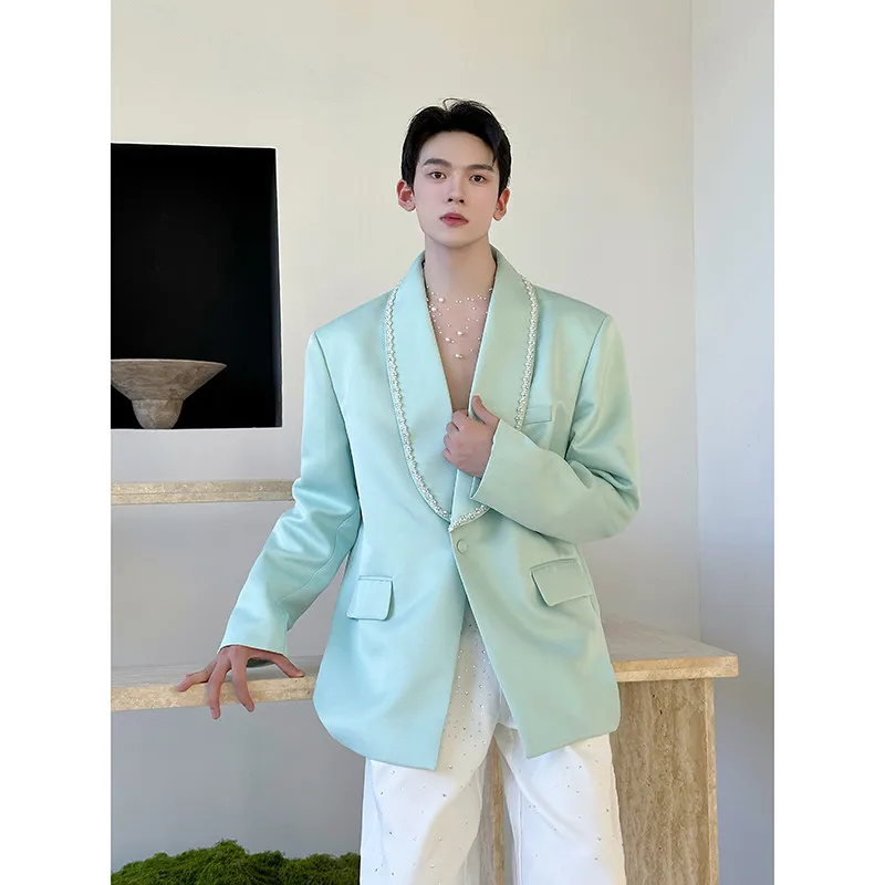 

Мужской повседневный пиджак с декоративными бусинами, легкий, с подплечниками, молодежный, модный, осенний, с длинными рукавами