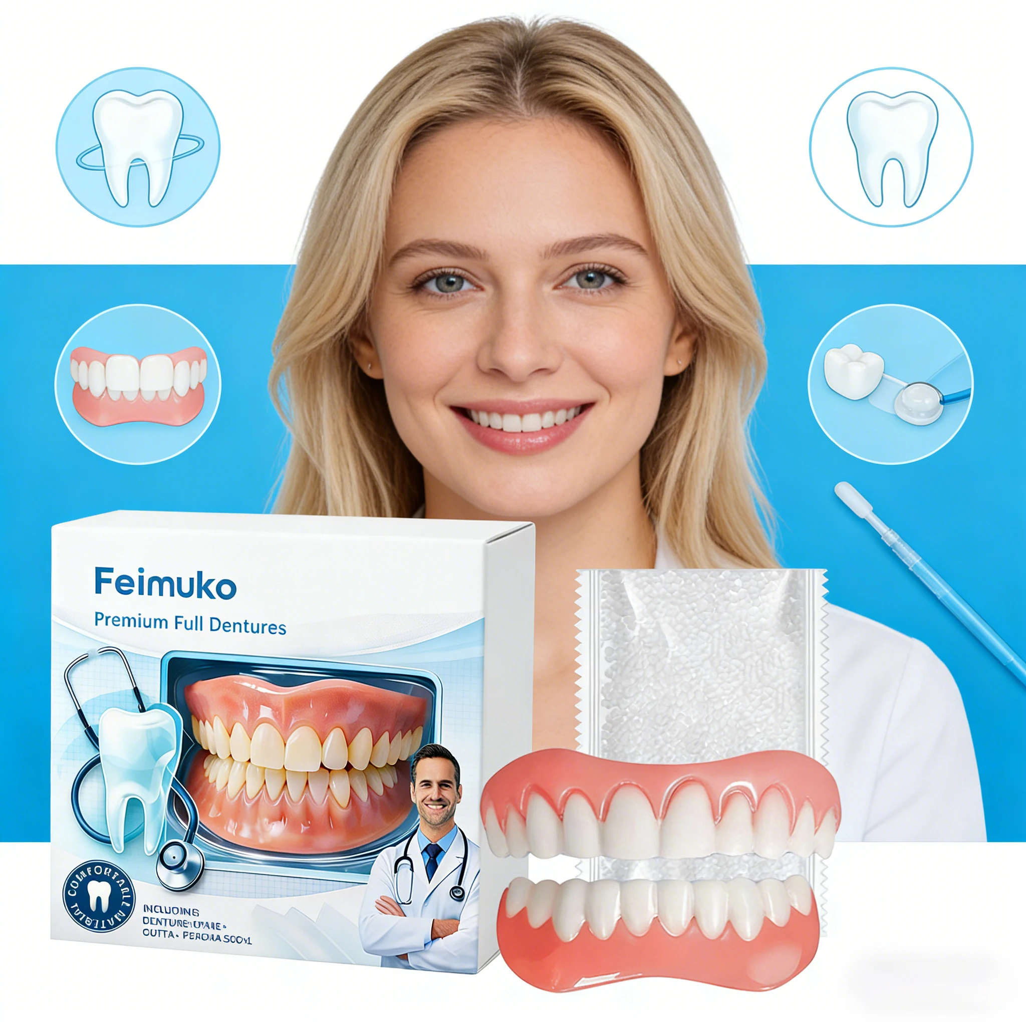 

Набор полных зубных протезов Feimuko Premium из мягкого полимерного материала: идеальная посадка, снижение дискомфорта, легкость в уходе, восстановление естественной улыбки