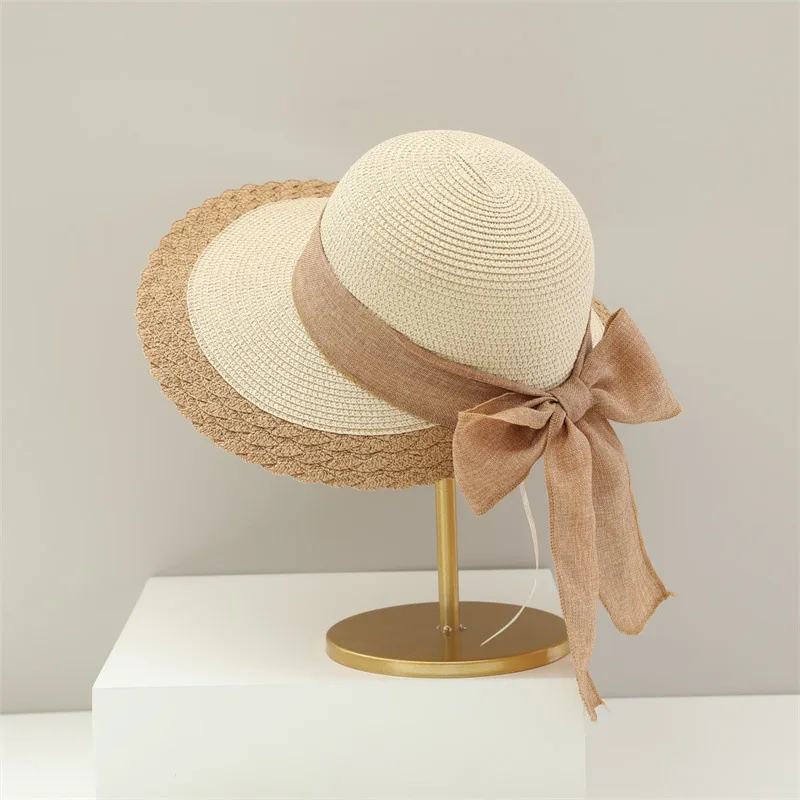 USPOP Tow-pieces Set Wide Brim Bow Straw Sun Hat Summer Straw Hat Retro Striped Straw Bag Large Capacity Tote Bag